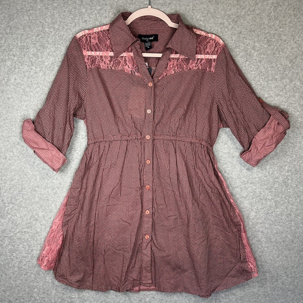 Envy Me Women's XL Y2K Pink Black Check Lace Button Front Tunic Top (26)